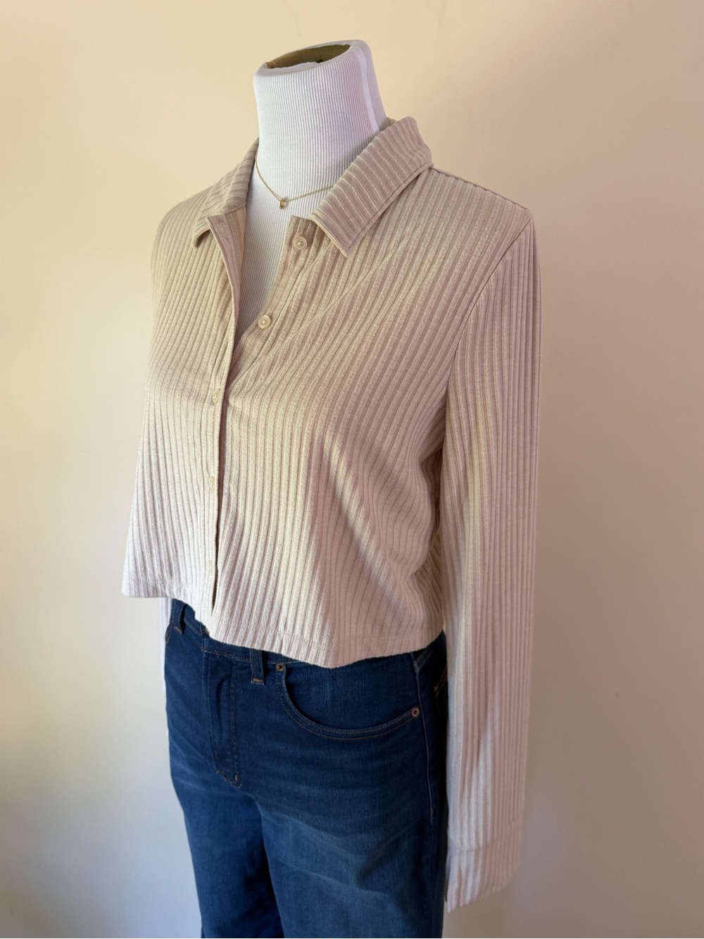 Madewell Ribbed Button-Front Collared Top in Beige